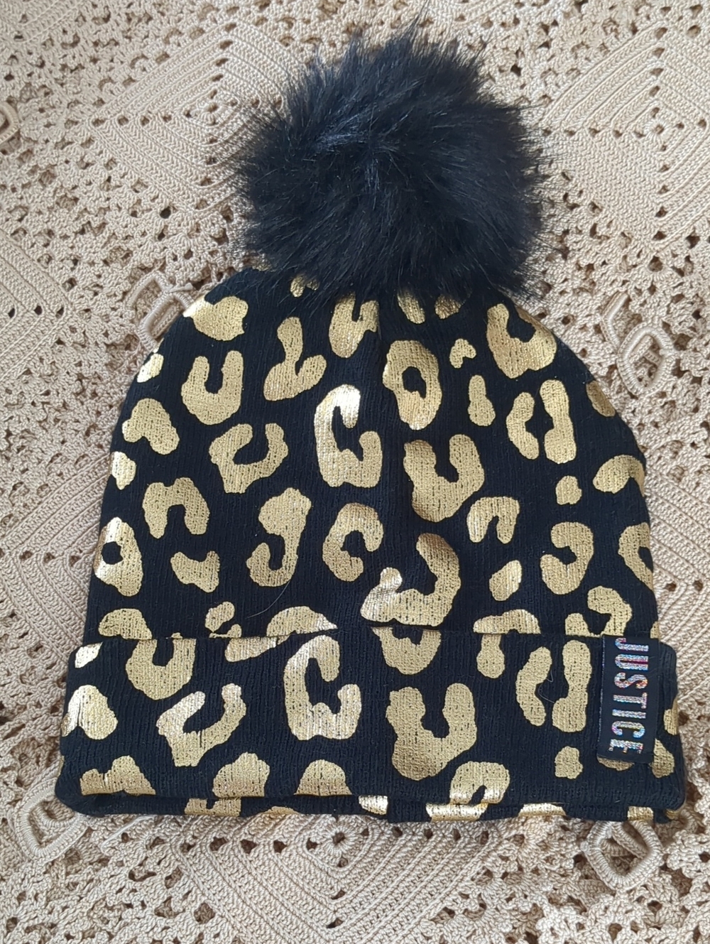 NWOT Justice Kids Black Beanie with Gold Leopard Print and Black Faux Fur Pom